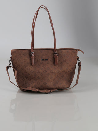 Sweet Years Logo Shopper brown, eine braune Tragetasche mit floralem und geometrischem Muster, zwei schlanken Griffen, einem abnehmbaren Schulterriemen und einem Sweet Years-Metallabzeichen auf der Vorderseite.