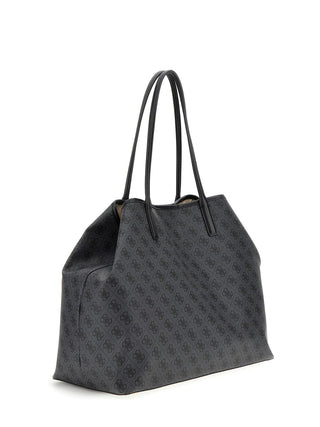 GUESS Victtoria Large 2in1 Tote CLO in Dunkelgrau mit dezentem 4G-Logoprint, zwei schmalen Schulterriemen, unstrukturierter Form aus Polyurethan und goldenen Metallbeschlägen. Enthält integrierte Pochette mit Reißverschluss.