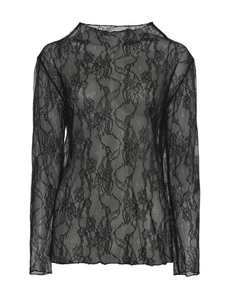 BSB Bluse 210065 black: Eine schwarze, transparente Spitzenbluse mit langen Ärmeln, floralen Mustern und rundem Halsausschnitt. Perfekt für elegante Layering-Looks über Tops oder Bralettes.