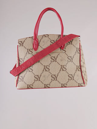 Sweet Years Logo Tote Bag red beige mit strukturierter Form, beigeem Canvas mit SY-Logos, roten Ledergriffen, abnehmbarem roten Schulterriemen und seitlicher Reißverschlusstasche. Größe: 40x30x14 cm.