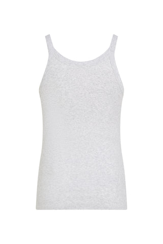 Penn&Ink W25F1725 grey/mel: Schmal geschnittenes, graues Rib-Strick Tanktop mit dünnen Trägern und Rundhalsausschnitt, ideal als vielseitiges Basic-Oberteil für verschiedene Outfits.