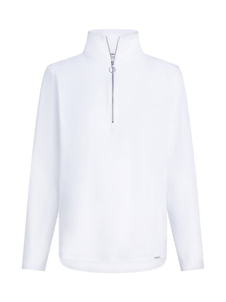 Penn&Ink Longsleeve white: Schlichtes, weißes Langarmshirt mit hohem Kragen und halbem Reißverschluss. Der Metallring-Zipper und das elastische Material bieten modernen Stil und Komfort. Ideal für Alltag und Reisen.