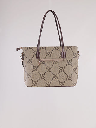 Sweet Years Two Shopper beige/schoko: Rechteckige Handtasche mit SY-Monogramm, dunkelbraune Schulterriemen, vordere Außentasche mit goldfarbenem Reißverschluss. Größe: 37x30x11 cm, Material: Polyurethan.