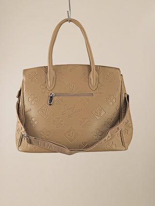 Sweet Years Logo Bag khaki, strukturierte Henkeltasche aus genarbtem Kunstleder mit zwei Griffen, abnehmbarem Schulterriemen, vorderer Reißverschlusstasche und geprägten Kleeblatt-, Herz- und Diamantmotiven.
