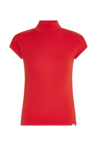 Penn & Ink Top rot, ein kurzärmeliges, geripptes Oberteil mit schmaler Passform und modernem Stehkragen, aus weichem, elastischem Material, perfekt für stilvolle Alltagslooks oder zum Layern.
