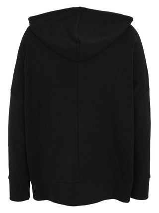 Rückansicht des Doris Streich Shirt 327150 schwarz/weiß: Ein schlichtes schwarzes Kapuzen-Sweatshirt mit langen Ärmeln, geradem Saum, ohne sichtbare Logos oder Verzierung, mit geräumiger Kapuze und überschnittenen Schultern.