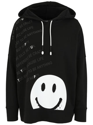 Doris Streich Shirt 327150 schwarz/weiß: Schwarzer Hoodie mit weißen Kordeln, großem Smiley-Motiv und motivierenden Sprüchen in blasser Schrift. Elastisches Material bietet hohen Tragekomfort und lässigen Look.