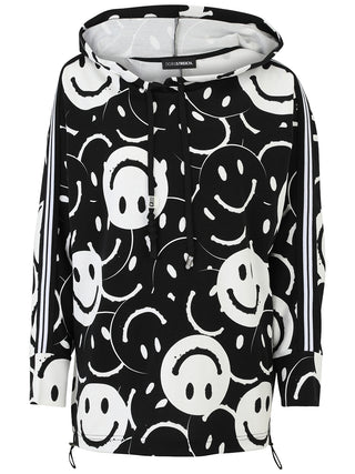 Doris Streich Shirt 349146 schwarz/weiß: Hoodie mit Smiley-Print und sportlichen Streifen auf den Ärmeln, Kapuze mit Kordelzug, elastisches Material für Komfort, einzigartiger Allover-Print.