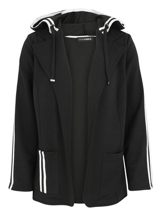 Doris Streich Blazer 106115 schwarz/weiß: Schwarzer, offener Hoodie-Blazer mit weißen Streifen an Ärmeln und Kapuze, Spitzenrevers, Kordelkapuze, zwei Fronttaschen und Label DORIS STREICH im Inneren.