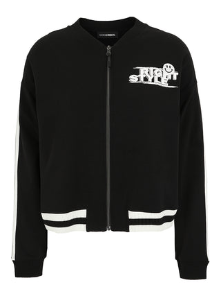 Doris Streich Jacke 147150 schwarz/weiß: Schwarze Bomberjacke mit weißen Streifen, Reißverschluss, gerippten Bündchen. Auf der linken Brust RIGHT STYLE-Grafik; großer Smiley-Druck auf dem Rücken mit Strasssteinen.