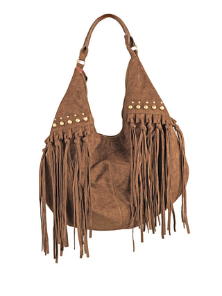 OFF#DLY Boho Bag khaki: Braune Schultertasche aus Wildlederoptik mit einem Riemen, messingfarbenen Nieten und langen Fransen an den Seiten, ca. 46x30 cm, aus 100% Polyurethan.