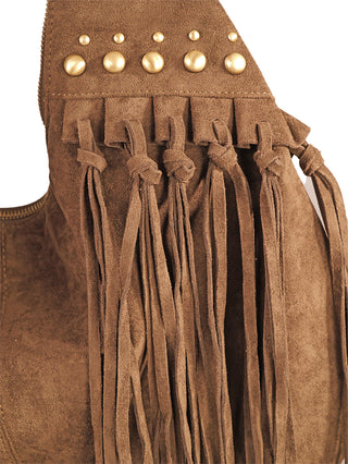 Nahaufnahme des OFF#DLY Boho Bag khaki mit langen Fransen und goldfarbenen Nieten entlang des Randes, aus Polyurethan gefertigt. Perfekt für einen lässigen, bohemian Look.