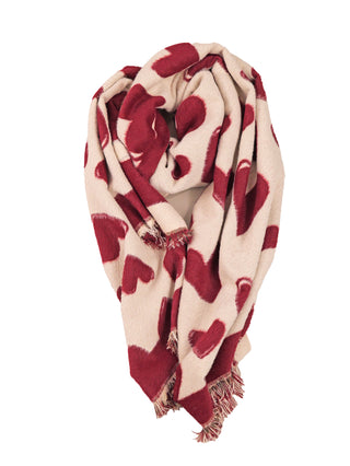 Der OFF#DLY Schal Heart bordeaux zeigt einen weichen, gewebten Schal mit großen roten Herzen und kurzen, bunten Fransen, ideal für einen stilvollen, warmen Look.