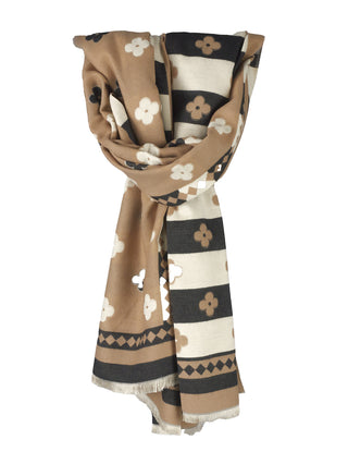 OFF#DLY Schal Britta brown/black mit breiten horizontalen Streifen und cloverförmigem Muster, 180x65 cm, aus 80% Viskose, 20% Wolle, endet in kurzen Fransen.