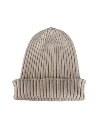 Ein einfaches, geripptes Beanie namens OFF#DLY Mütze Anna beige mit umgeschlagenem Bündchen, gefertigt aus Viskose, Polyester und Polyamid, in Einheitsgröße.