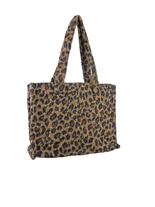 Rechteckige Tasche OFF#DLY MY Bag Leo mit Schulterriemen, vollständig mit flauschigem Leopardenmusterstoff bedeckt, Reißverschluss. Größe 45 x 30 x 16 cm, aus 100% Polyester.