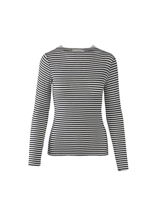 Langärmliges OFF#DLY LS light mit Cashmere Ringel black, flach liegend, zeigt feine schwarz-weiße Streifen und einen schmalen Schnitt, ideal als leichtes, hochwertiges Basic oder für Layering.