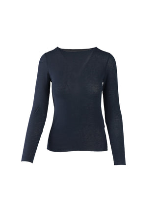 OFF#DLY Longsleeve light m. Cashmere marine: Schmal geschnittenes, langärmliges Damenoberteil aus leichtem, federweichem Material, ideal für Layering. Fotografiert flach liegend, zeigt es die elegante, feminine Silhouette.
