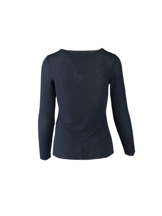 Rückansicht des OFF#DLY Longsleeve light m. Cashmere marine, dunkel marineblau, langärmelig mit schlichtem, figurbetontem Schnitt und dezentem V-Ausschnitt hinten, ohne Muster oder Verzierungen, auf weißem Hintergrund.