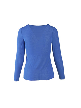 OFF#DLY Longsleeve light m. Cashmere royal: Schmal geschnittenes Damenoberteil mit langem Arm, V-Ausschnitt, leichtem Strick und zartem Glanz, ideal zum Layering oder solo tragbar.