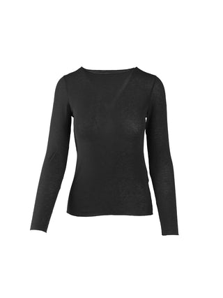 OFF#DLY Longsleeve light m. Cashmere black: Ein schlichtes, langärmeliges schwarzes Shirt aus leichtem, weichem Material, ideal für Layering und elegante Alltagslooks, präsentiert auf weißem Hintergrund.