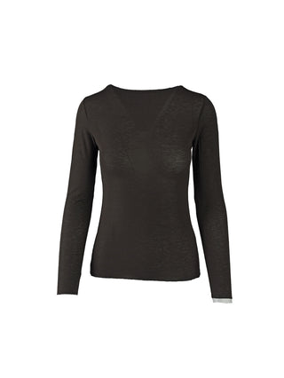 OFF#DLY Longsleeve light m. Cashmere coffee zeigt ein schlichtes, schwarzes, langärmliges, schmal geschnittenes Oberteil, das federleicht und edel wirkt, ideal für Layering und angenehm weich durch Kaschmiranteil.