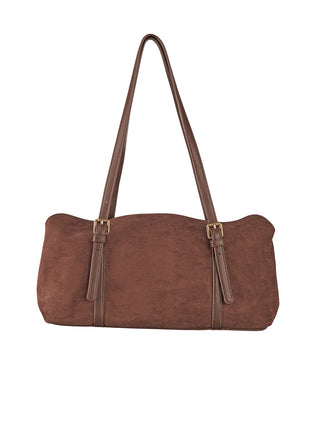 Regina Schrecker Long Bag Velours brown: Braune Schultertasche im Velours-Look, mit zwei schmalen Lederträgern und kleinen goldfarbenen Schnallen, Magnetverschluss; Größe: 38 x 17 x 11 cm.