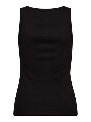 Das Bild zeigt das co´couture Granny Rib Tank black von hinten, ein schlichtes, ärmelloses Tanktop aus schwarzem, geripptem Strickgewebe mit figurbetonter Passform und klassischem Rundhalsausschnitt.