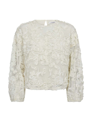 co´couture Tessy Flower Bluse offwhite mit 3D-Rosetten-Applikationen, leicht transparenten langen Ärmeln, rundem Ausschnitt und Keyhole-Verschluss, ideal für besondere Anlässe.
