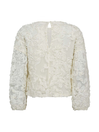 co´couture Tessy Flower Bluse offwhite: Zarte, langärmelige Bluse mit 3D-Rosetten-Applikationen und leicht transparentem Stoff. Rundhalsausschnitt mit Keyhole-Verschluss hinten, elegantes Design für besondere Anlässe.