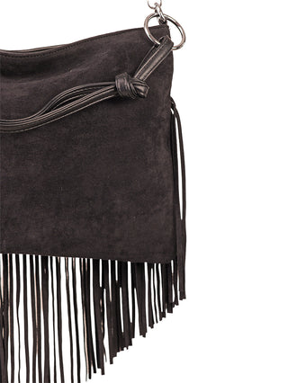 Phil Firenze fansen Bag black Velours: Schwarze Wildleder-Schultertasche mit Lederfransen, geknotetem Lederriemen und Metall-O-Ring-Detail; Größe ca. 35 x 24 cm, Material 100% Polyurethan.