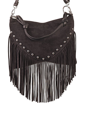 Phil Firenze fansen Bag black Velours: Schwarze Schultertasche mit Fransen, silbernen Nieten am Überschlag und silberner Hardware an den Riemenbefestigungen. Velours-Optik, ca. 35 x 24 cm, aus Polyurethan.