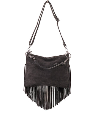 Phil Firenze fansen Bag black Velours, eine schwarze Wildleder-Schultertasche mit langen Fransen, abnehmbarer verstellbarer Lederriemen und kürzerem Griff, geknotet an den Enden, ca. 35 x 24 cm.