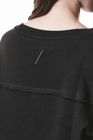 Nahaufnahme des oberen Rückens einer Person im Thom Krom WS496 Sweat black, der den gerippten Rundhalsausschnitt, die rohe Schulternaht und den kurzen genähten Schlitz unter dem Kragen zeigt.