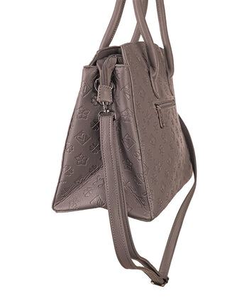 Sweet Years Tote Bag grey: Strukturierte Henkeltasche mit geprägtem Blumen- und Herzmuster, zwei kurzen Griffen, abnehmbarer Schulterriemen und seitlicher Reißverschlusstasche, Material aus 100% Polyurethan.