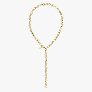 Die OFF#DLY Gliederkette Y Gold zeigt eine goldfarbene Y-förmige Kette aus mittelgroßen ovalen Gliedern, die durch einen Ring fädelt. Ein kleiner runder Anhänger hängt nahe dem Ring.