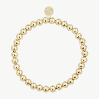 Stretch‐Armband OFF#DLY Armband Kugel 6 mm gold aus polierten goldfarbenen Metallperlen mit einem kleinen runden Markenanhänger, aus Kupfer mit 14-karätiger Vergoldung, frei größenverstellbar.