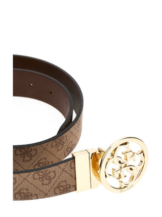 GUESS Belt Noelle LTL: Brauner Ledergürtel mit Monogramm, goldfarbene Schnalle mit 4G-Logo, verstellbar und wendbar, 3,5 cm breit.