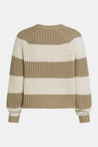 Penn&Ink Sweater Stripe B407 Pepper/ecru: Rückansicht eines grob gestrickten Pullovers mit breiten, horizontalen Streifen, geripptem Rundhalsausschnitt und langen Ärmeln, verkürzt geschnitten für eine modische Silhouette.