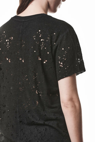 Person von hinten in einem Thom Krom Tee WTS 620 schwarz mit markantem Allover-Destroy-Effekt. Der entspannte Schnitt und die Raw Cut Abschlüsse betonen die avantgardistische, urbane Ausstrahlung.