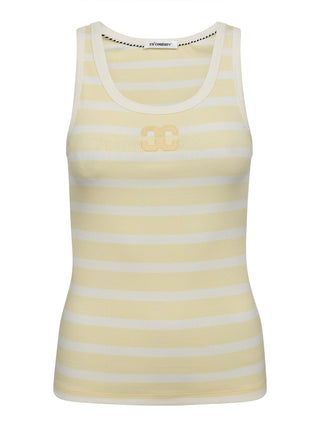 Co Couture Granny Rip Top pastel yellow/offwhite mit Streifendesign, ärmellos, Rundhalsausschnitt, und gesticktem Logo auf der Brust, bietet eine minimalistische und feminine Silhouette mit skandinavischem Flair.