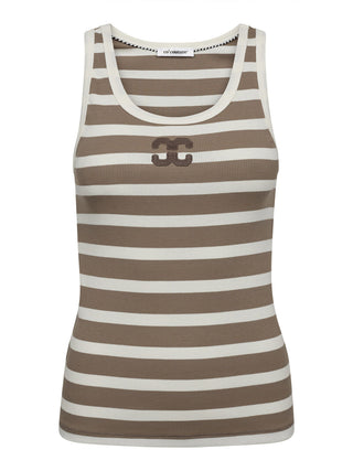 Co Couture Granny Rip Top walnut/offwhite: Ärmelloses, geripptes Tanktop mit horizontalen Streifen in Taupe und Offwhite, rundem Ausschnitt und kleinem, gesticktem Logo auf der Brust.