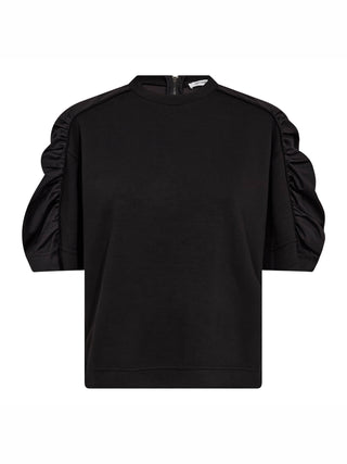 Co couture Lance Gathering Tee black: Schwarzes Damenshirt mit Crewneck, gerafften Puffärmeln und Reißverschluss hinten. Minimalistischer Stil mit femininer Silhouette, ideal für vielseitige Kombinationen.