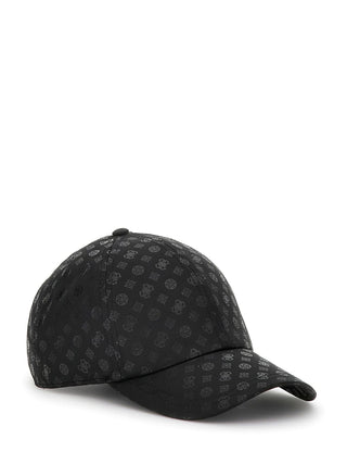 GUESS Anise Basebal Cap BLO mit sechsteiligem Design und gebogenem Schirm, komplett mit kleinen, hellgrauen Monogrammen bedruckt, auf einer schwarzen Oberfläche. Verstellbare Größe, Material aus 100% Polyester.