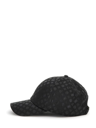 GUESS Anise Basebal Cap BLO: Schwarze Kappe mit sechs Paneelen, dezentes dunkelgraues Allover-Logomuster, gebogener Schirm und verstellbarer Riemen, aus 100% Polyester.