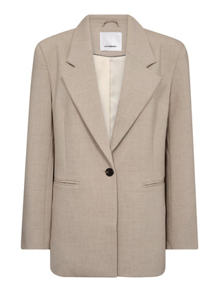 Mava Power Blazer bone von Co’Couture: Einreihiger, beige/steingrauer Blazer mit Reverskragen, Ein-Knopf-Verschluss, zwei Paspeltaschen, glattem Futter und Knopfdetails zur Taillierung.