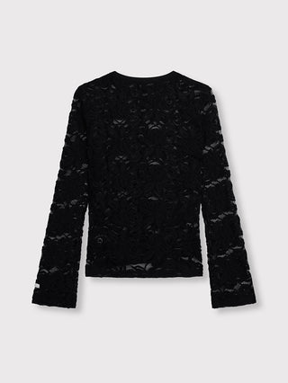 ALIX Lace Top black: Langarm-Spitzentop mit figurbetontem Schnitt, aus schwarzer Rosenmuster-Spitze, leicht ausgestellte Ärmel, eleganter Rundhalsausschnitt, „THE LABEL“ Patch am Ärmel, für feminine Looks.