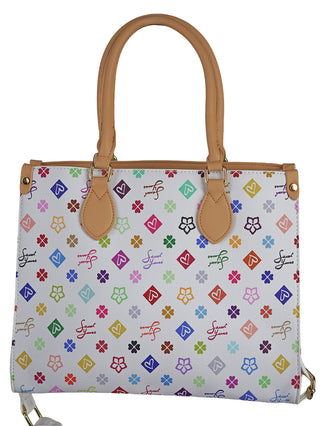 Die Sweet Years Bag Multicolore ist eine weiße Satchel-Tasche mit buntem Allover-Print, cognacfarbenen Henkeln und abnehmbarem Schulterriemen, ideal für stilvolle, praktische Alltagsnutzung.