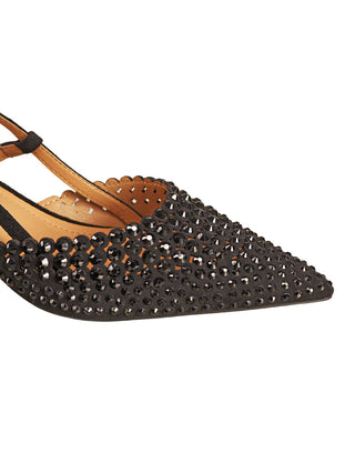 Off#DLY Slingback black: Elegante Damen-Slingback-Flats mit spitzem Zehenbereich, schwarzem Obermaterial, verziert mit facettierten schwarzen Schmucksteinen, und einem schmalen Fersenriemen. Innenfutter aus hellbraunem Leder.