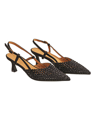 Off#DLY Slingback black Damenpumps mit spitzen, mit schwarzen Strasssteinen besetzten Zehen, schlanken Riemen mit kleinen Schnallen und einem niedrigen Kitten-Heel.